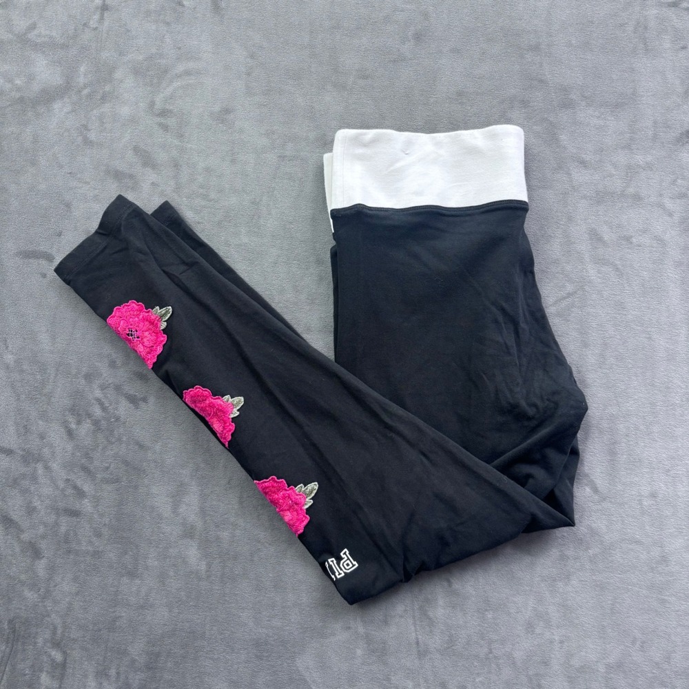 Victoria's Secret PINK Yoga Leggings Black Floral Embroidered Foldover Large